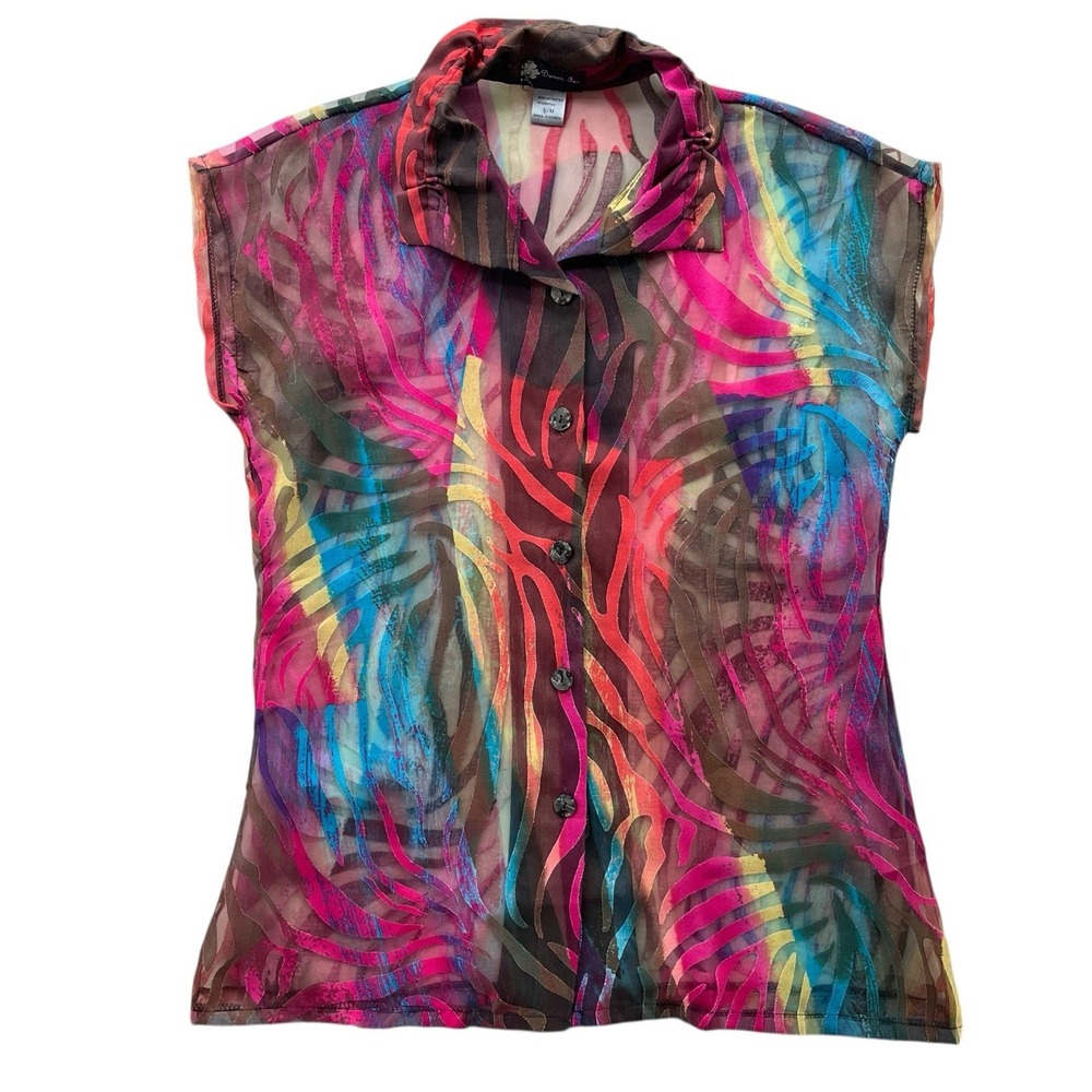 Damee Inc Women S/M Multicolor Abstract Burnout Short Sleeve Button Down Top Y2K
